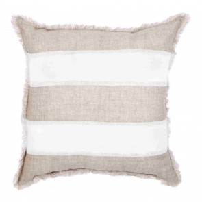 Striped Beige & White Linen Fringed European Cushion